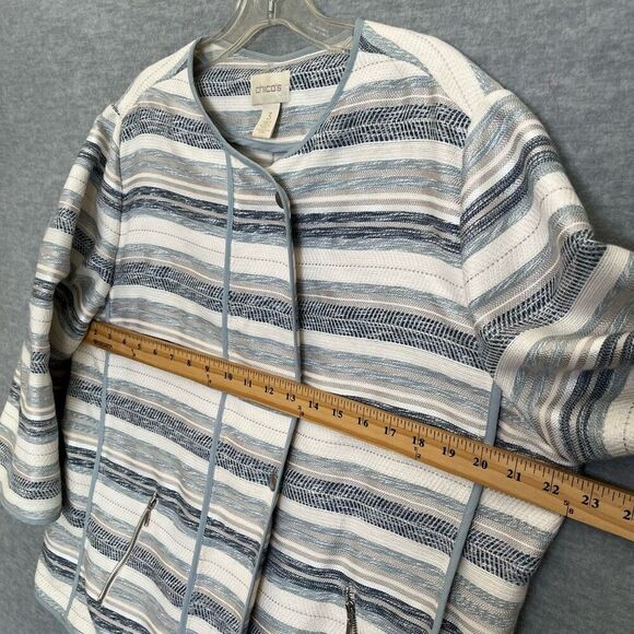 Chico's Striped Moto Jacket Womens XL 3 Tapestry Textured Zip Jacket Blue Silver - Picture 12 of 14